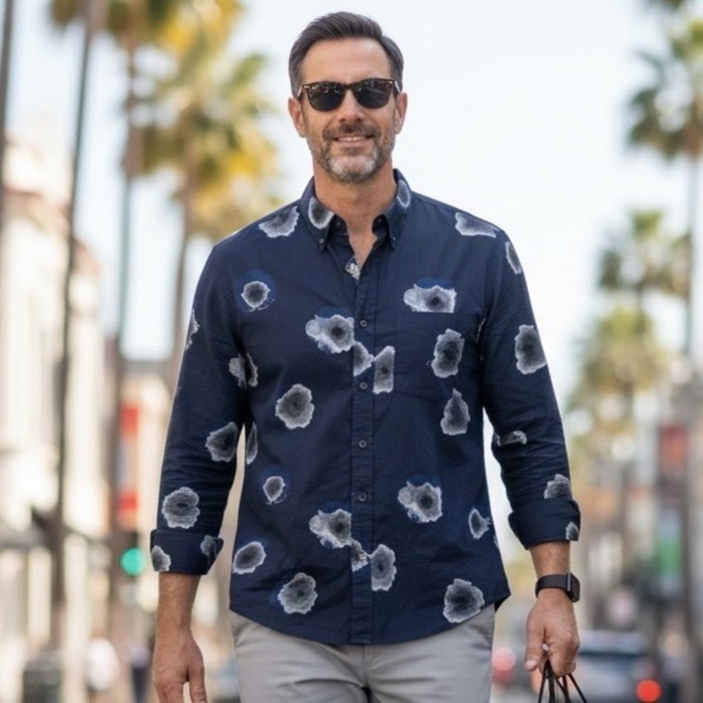 Club Monaco Mens Slim Fit Navy Blue Watercolor Floral Cotton Button Down Shirt M